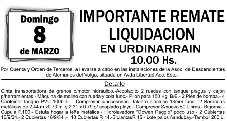 Remate Liquidaci&oacute;n en Urdinarrain - Domingo 8 de Marzo