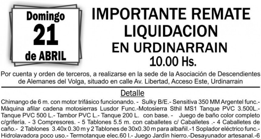 Este Domingo 21 Remate Liquidación  en Urdinarrain