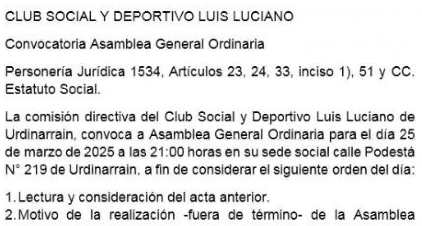 CLUB SOCIAL Y DEPORTIVO LUIS LUCIANO  Convocatoria Asamblea General Ordinaria