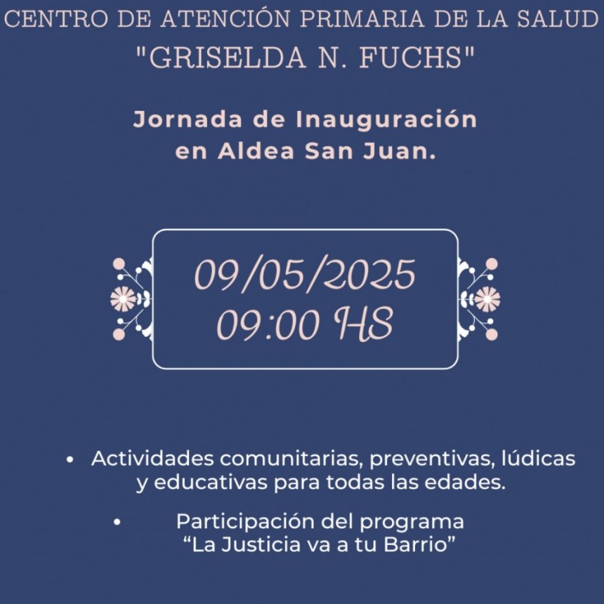 Este Viernes 20 Inauguración del Centro de Atención Primaria de la Salud en Aldea S.Juan