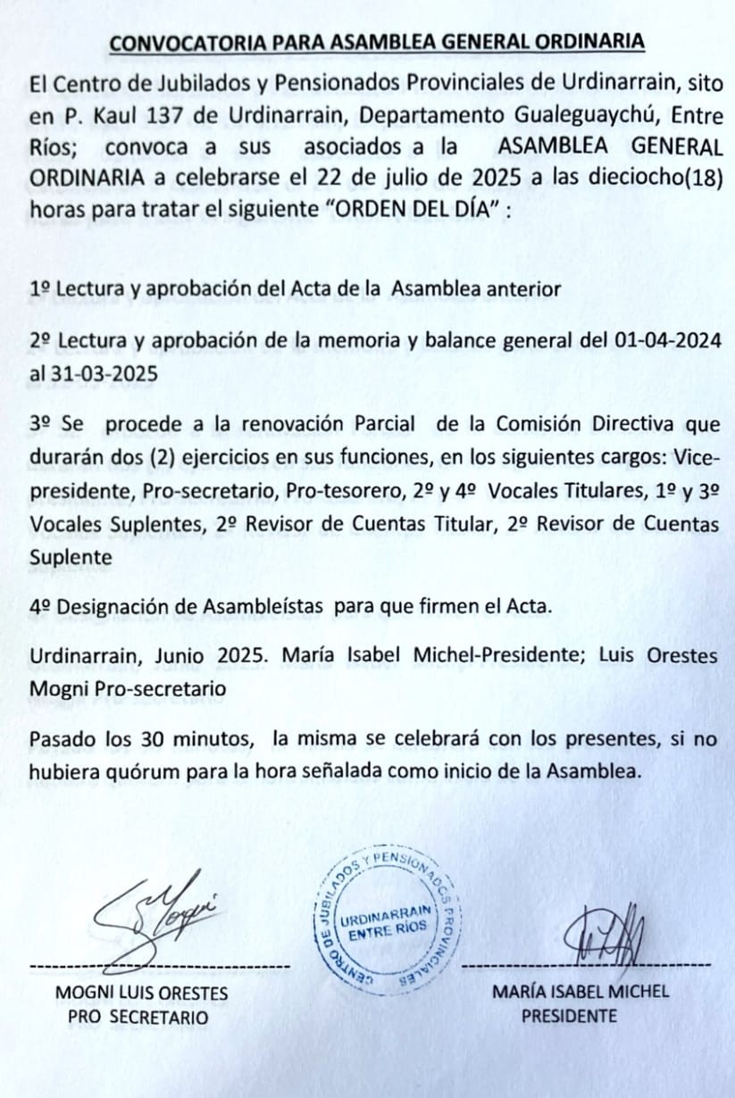 Convocatoria Asamblea General ordinaria Centro Jubilados Provinciales Urdinarrain