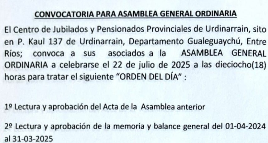Convocatoria Asamblea General ordinaria Centro Jubilados Provinciales Urdinarrain
