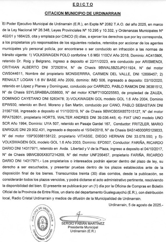 EDICTO - CITACION  MUNICIPIO   DE URDINARRAIN