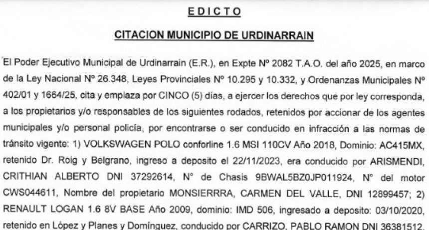 EDICTO - CITACION  MUNICIPIO   DE URDINARRAIN