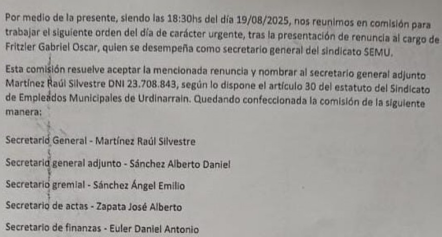 Nuevo Secretario Gremial de SEMU, por renuncia del titular Gabriel Fritzler en el Sindicato de Empleados Municipales 