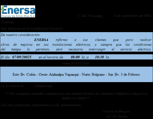 Este DOMINGO habrá un corte de Energia por mantenimiento en una parte de la ciudad