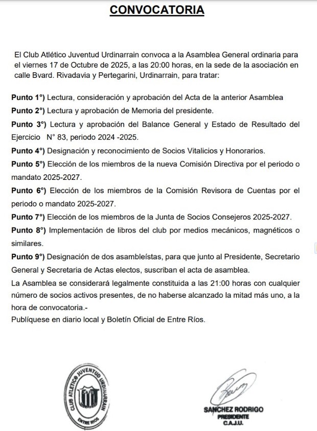 CLUB ATLÉTICO  JUVENTUD URDINARRAIN Convoca a Asamblea General Ordinaria