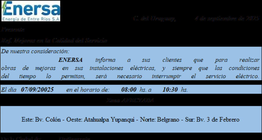 Este DOMINGO habrá un corte de Energia por mantenimiento en una parte de la ciudad