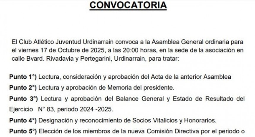 CLUB ATLÉTICO  JUVENTUD URDINARRAIN Convoca a Asamblea General Ordinaria
