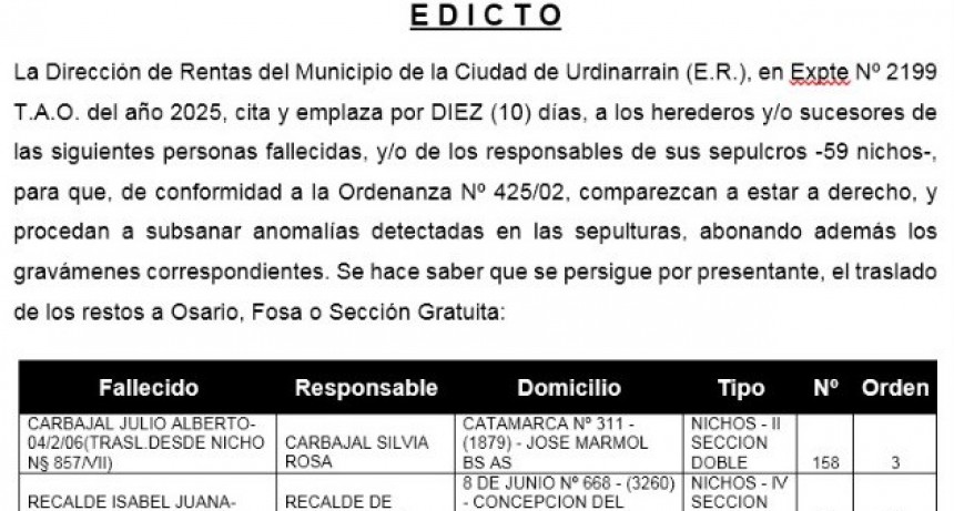 EDICTO - MUNICIPIO URDINARRAIN
