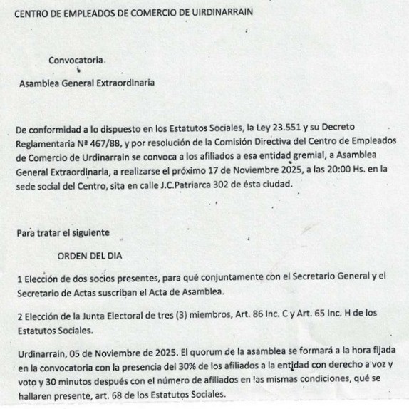 Convocatoria a Asamblea General Ordinaria del Centro de Empleados de Comercio